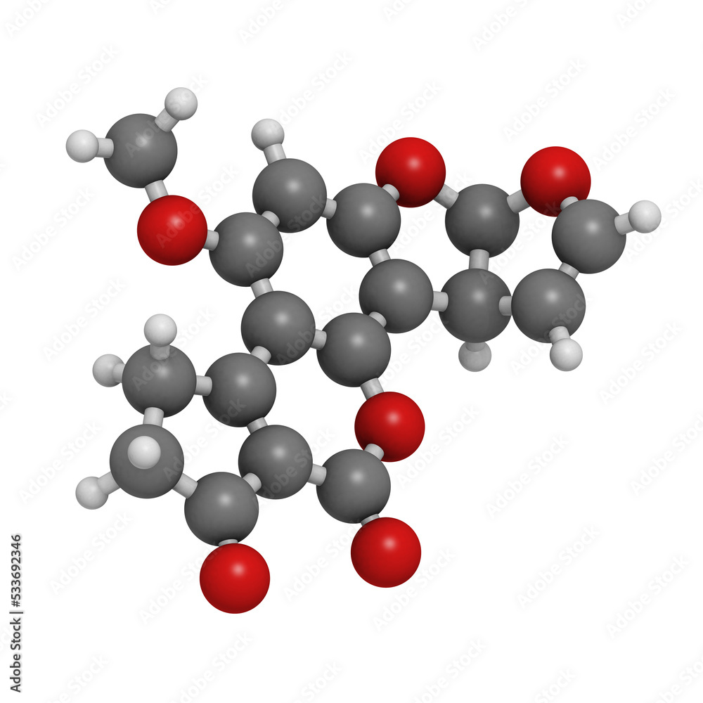 Aflatoxin B1 carcinogenic food contaminant molecule, molecular model. Aflatoxin B1 carcinogenic food contaminant molecule, molecular model.