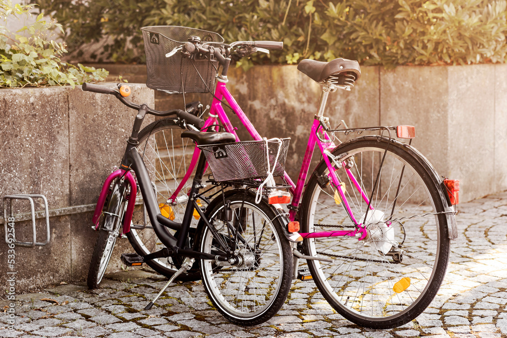 Bicycles Lifestyle. Elegant Lilac Feminine Stylish Trendy Bikes with Basket. Girl's Bike Looks like Mom's Bicycle