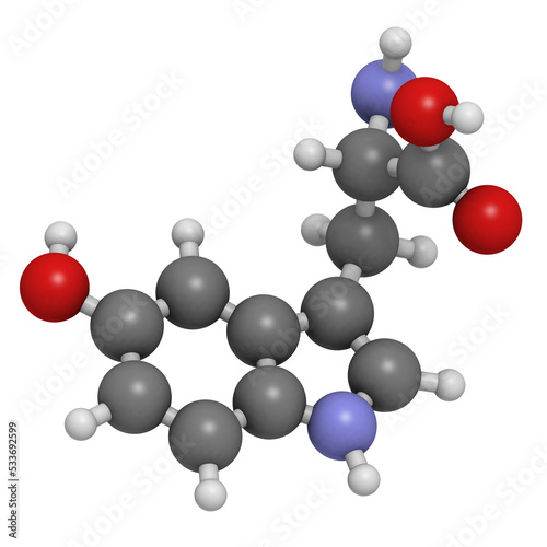 5-hydroxytryptophan (5-HTP, oxitriptan) antidepressant, molecular model. photo