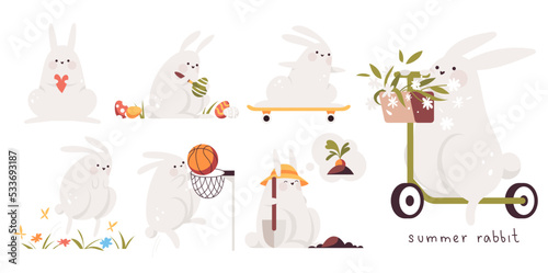 Summer rabbits set. Card with collection of cute bunnies. Outdoor sport and activities. Isolated animal characters with seasonal activities. 2023 lettering