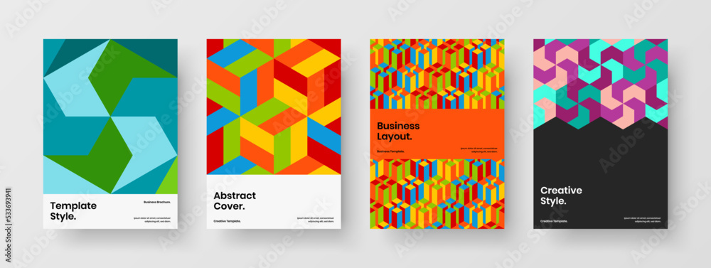 Bright geometric shapes presentation concept bundle. Premium catalog cover A4 vector design illustration set.