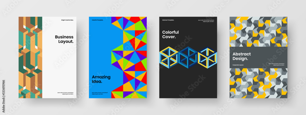 Modern geometric tiles pamphlet template bundle. Abstract placard A4 design vector layout set.
