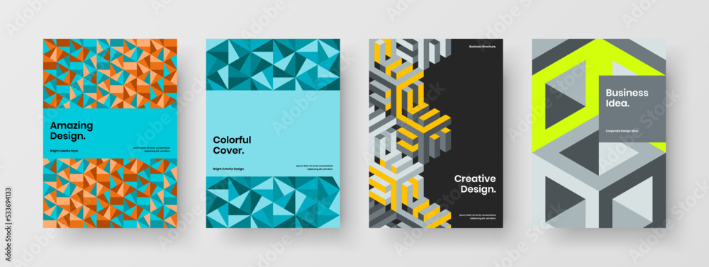 Multicolored brochure A4 vector design layout collection. Modern geometric tiles corporate cover concept set.