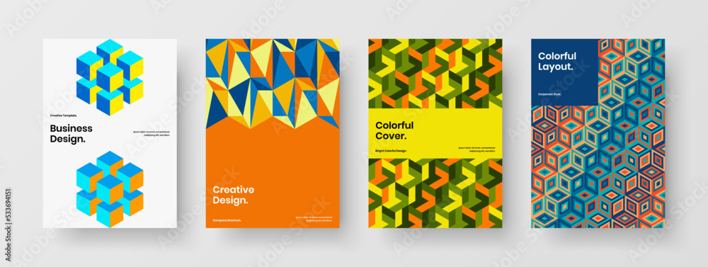 Fototapeta premium Clean mosaic hexagons corporate cover template bundle. Fresh flyer A4 vector design illustration collection.