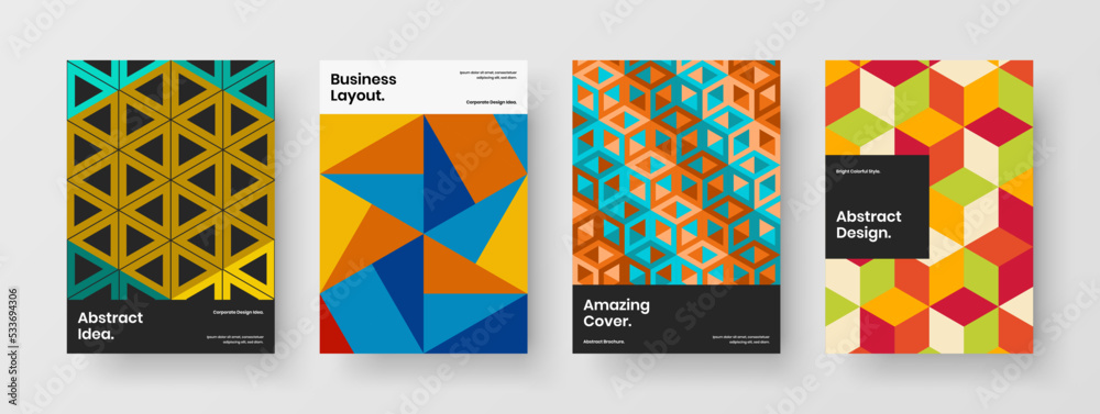 Simple geometric tiles leaflet template set. Amazing journal cover A4 design vector layout bundle.