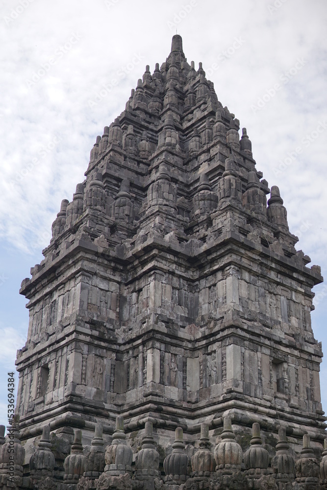 Detailed reliefs and beautiful ornaments on Prambanan Temple. This Hindu temple is a famous historical tourism in Indonesia.