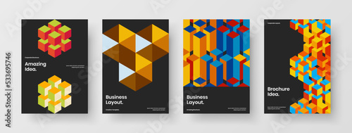 Creative company brochure design vector layout composition. Modern geometric tiles pamphlet concept set.