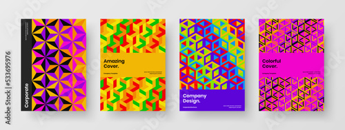 Multicolored geometric pattern flyer concept bundle. Vivid booklet A4 design vector template composition.