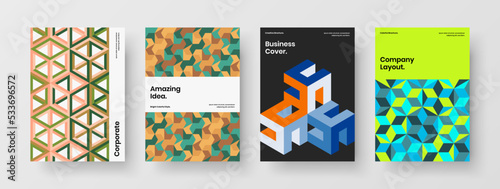 Minimalistic presentation vector design concept composition. Bright mosaic tiles company brochure layout set.