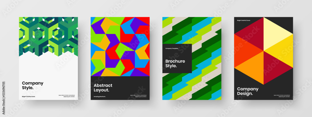 Colorful corporate brochure A4 design vector template bundle. Modern geometric hexagons handbill illustration collection.