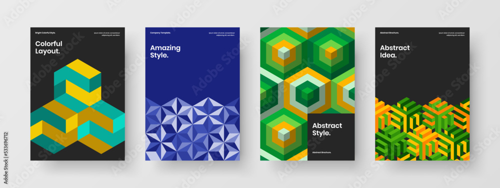 Modern mosaic hexagons leaflet layout composition. Isolated corporate identity A4 design vector concept collection.