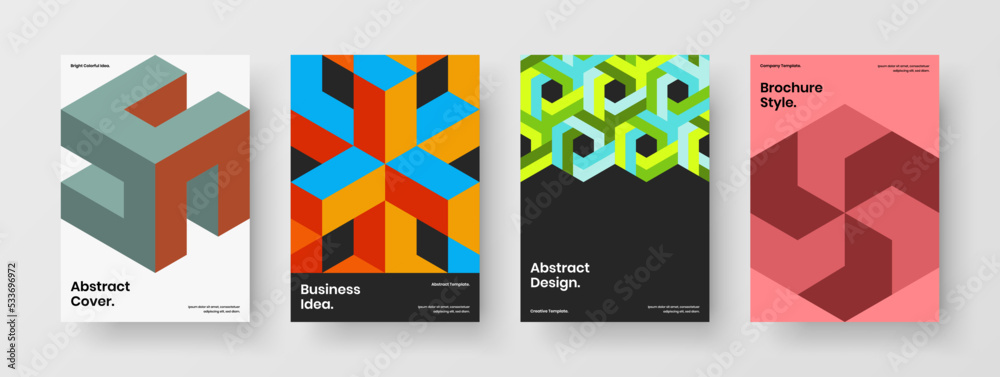 Multicolored book cover design vector concept collection. Simple geometric tiles presentation template set.