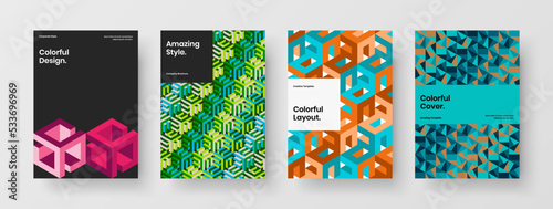 Premium geometric pattern company brochure template collection. Amazing corporate cover A4 vector design layout set.