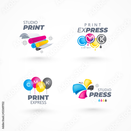 Set logo polygraphy and cmyk printing theme design prepress and press copy polygraphy