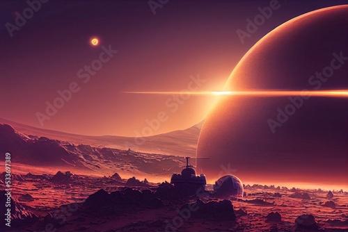 Print op canvas 3D rendering of Mars colony in pink colors