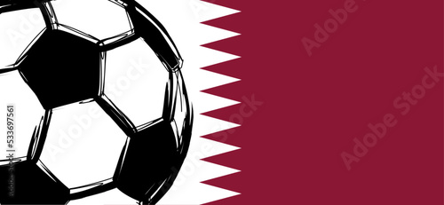 Qatar flag, Flat vector black grunge soccer ball. Grungy football. Cartoon sport EK, WK pictogram Sports game cup. Qatar football cup 2022.