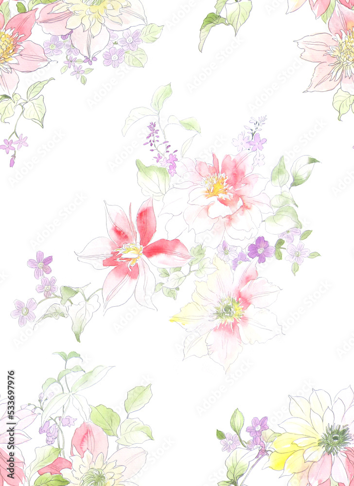 Watercolor seamless pattern with  flowers. Perfect for wallpaper, fabric design, wrapping paper, surface textures, digital paper.