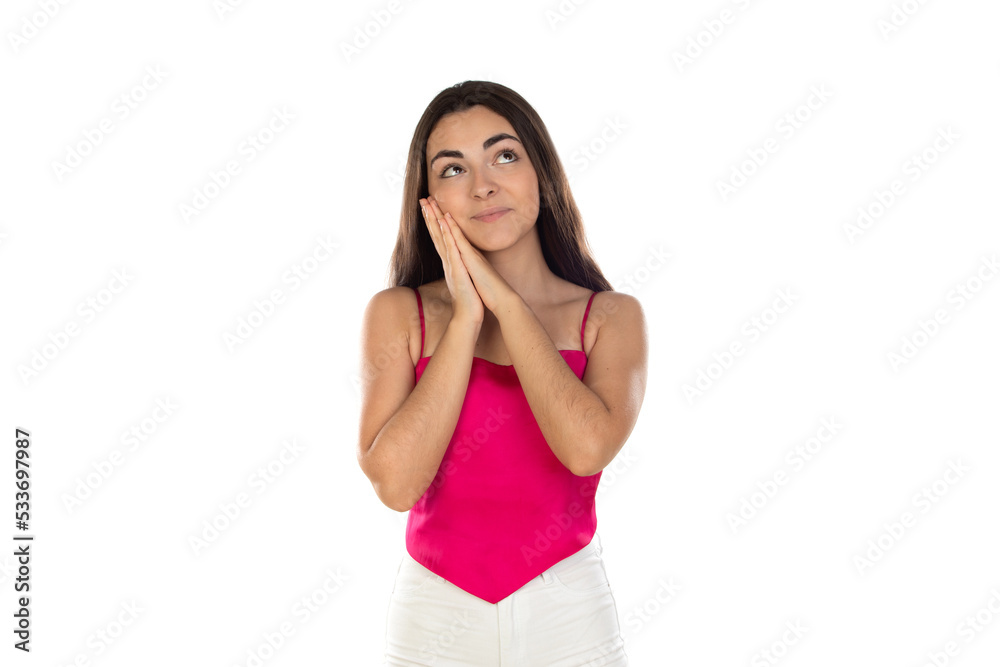 Exhausted teenager girl posing with sleeping gesture Exhausted teenager girl posing with sleeping gesture