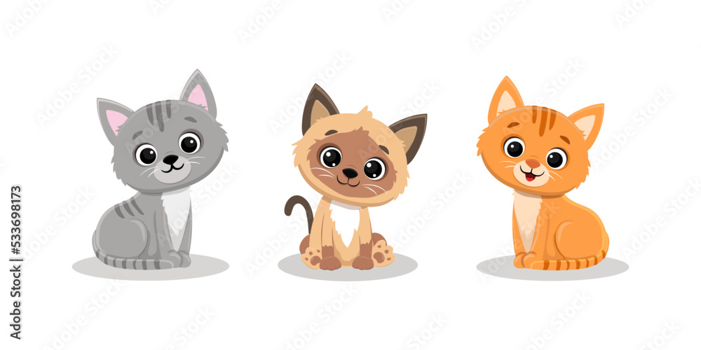 Set of cute cartoon kittens on a white background.Cat in flat style.Vector illustration