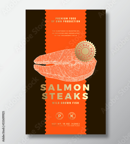 Wild Salmon Steaks Abstract Vector Packaging Label Design Template. Modern Typography Banner, Hand Drawn Fish Fillet Sketch Silhouette. Color Paper Background Layout with Gold Foil Isolated