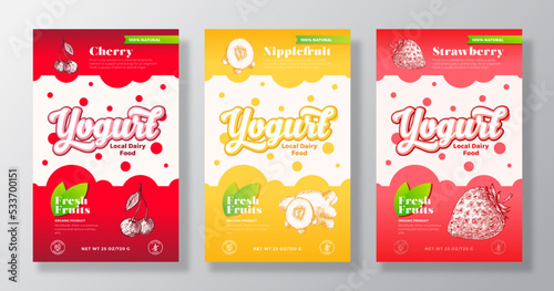 Fruits and Berries Yogurt Label Templates Set. Abstract Vector Dairy Packaging Design Layouts Collection. Modern Banner with Hand Drawn Strawberry, Cherry and Nipplefruit Sketches Background Isolated