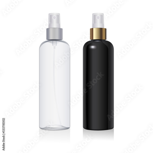 Set of transparent and black plastic bottle mockup. Round plastic packaging with silver and gold spray isolated on white background. Clean PET container