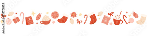 Christmas border. Frame with socks, gifts, candy cane, hot drink, stars. Template for greeting card, invitation decoration, web footer, header, banner. Xmas string, ribbon. Seamless vector pattern