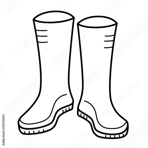 Rubber boots for gardening, hunting, fishing, doodle icon of waterproof galoshes, gumshoes, vector illustration of wellington boots, isolated outline clipart on white background