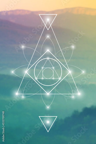 Philosopher stone. Sacred geometry spiritual new age futuristic illustration with transmutation interlocking circles, triangles and glowing particles