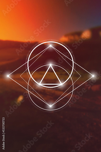Sacred geometry spiritual new age futuristic illustration with transmutation interlocking circles, triangles and glowing particles