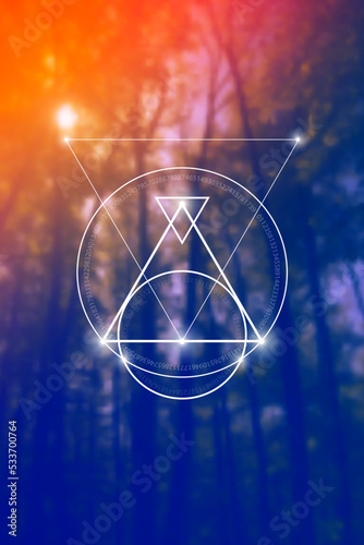 Sacred geometry spiritual new age futuristic illustration with transmutation interlocking circles, triangles and glowing particles