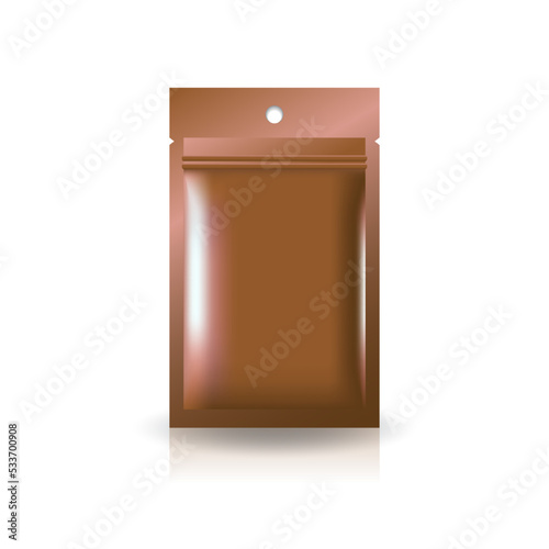 Brown foil, plastic, paper flat zip bag with round hang hole for food, healthy, beauty product. Isolated on white background. Ready to use for package design. Realistic vector illustration.