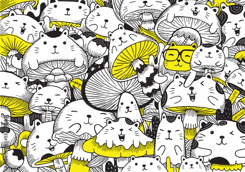 Photography cute cats mushroom doodle vector illustration
