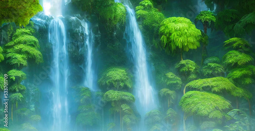 Beautiful Waterfall River in Deep Green Rain Forest. Fantasy Backdrop Concept Art Realistic Illustration Video Game Background Digital Painting CG Artwork Scenery Artwork Serious Book Illustration 