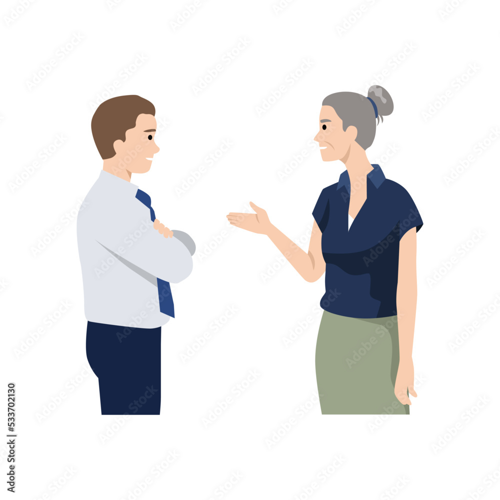 Man and woman talk about business consulting. Communication. People conversation. Flat vector illustration isolated on white background Man and woman talk about business consulting. Communication. People conversation. Flat vector illustration isolated on white background