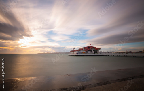 Buyukcekmece Beach is wavy and sunset photographed with long exposure technique. photo