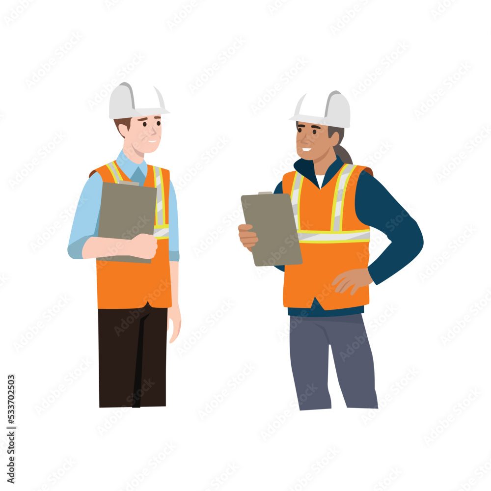 Construction worker discussion with manager. Communication. People conversation. Flat vector illustration isolated on white background Construction worker discussion with manager. Communication. People conversation. Flat vector illustration isolated on white background