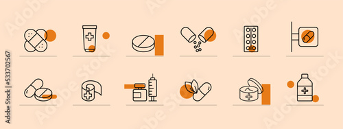 Medicines set icon. Band aid, ointment, tablet, pill, blister, pharmacy sign, prescription, cross, case history, syringe, cream, eco ingredients, herbal. Healthcare concept. Pastel color background