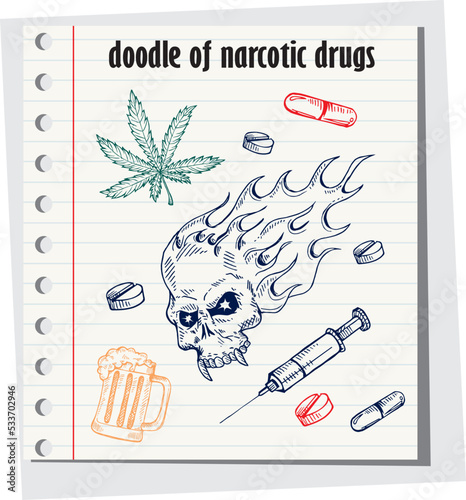 Narcotic drugs doodle icon set