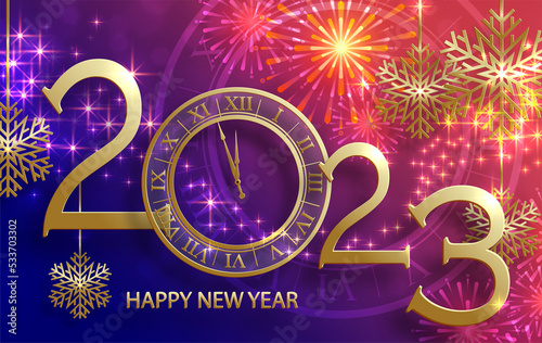 Happy New Year 2023, festive pattern on color background