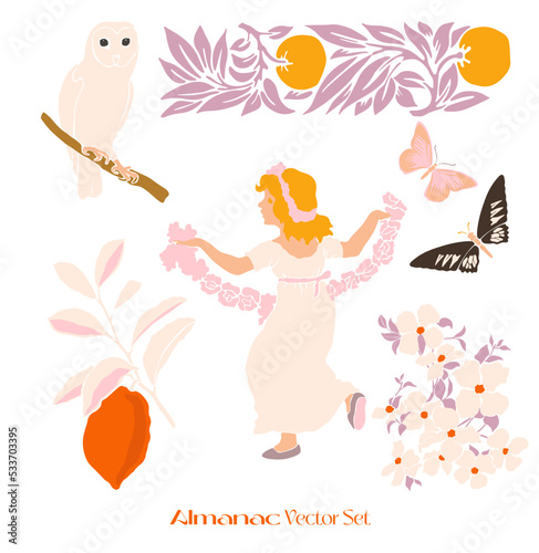 Vector Children's Illustration Friendship Children Girls, Citrus, Children, Bouquets, Flowers, Freak Fruits, Roses, Bindweed, Owl