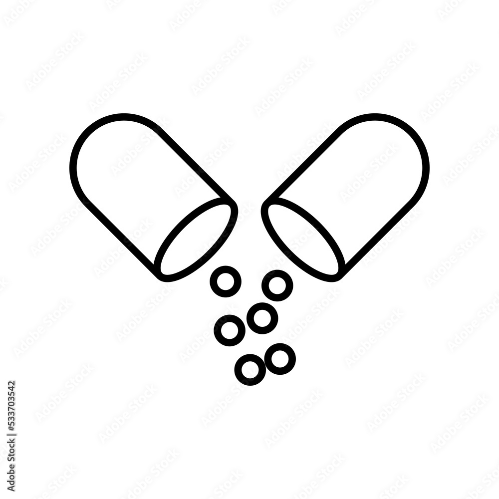 Pill line icon. Opened, active ingredient, powder, loose, tablet, medicine, prescription, pharmacy, Healthcare concept. White background. Vector line icon for Business and Advertising Pill line icon. Opened, active ingredient, powder, loose, tablet, medicine, prescription, pharmacy, Healthcare concept. White background. Vector line icon for Business and Advertising
