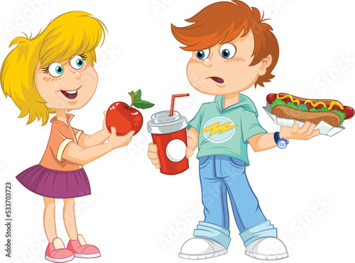 Kids with unhealthy food and fruit.
Color vector illustration of a cartoon boy holding 
unhealthy fast food and girl holding an apple. 