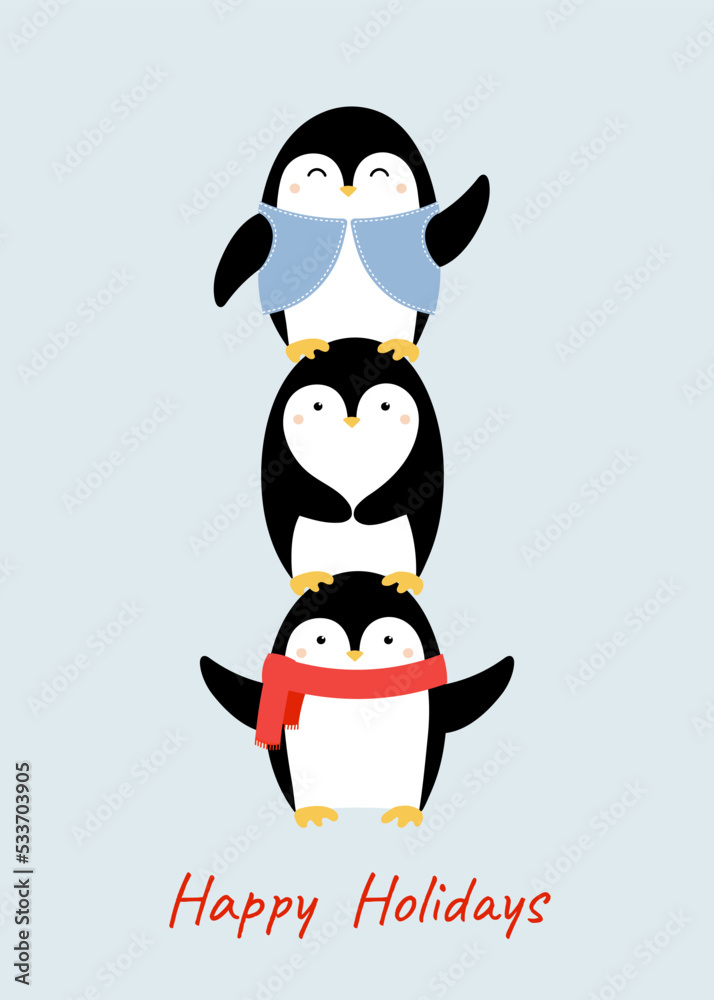 Obraz premium Greeting card with cute hand drawn penguins with accessories. Template for Christmas greeting card, invitation, postcard, flyer