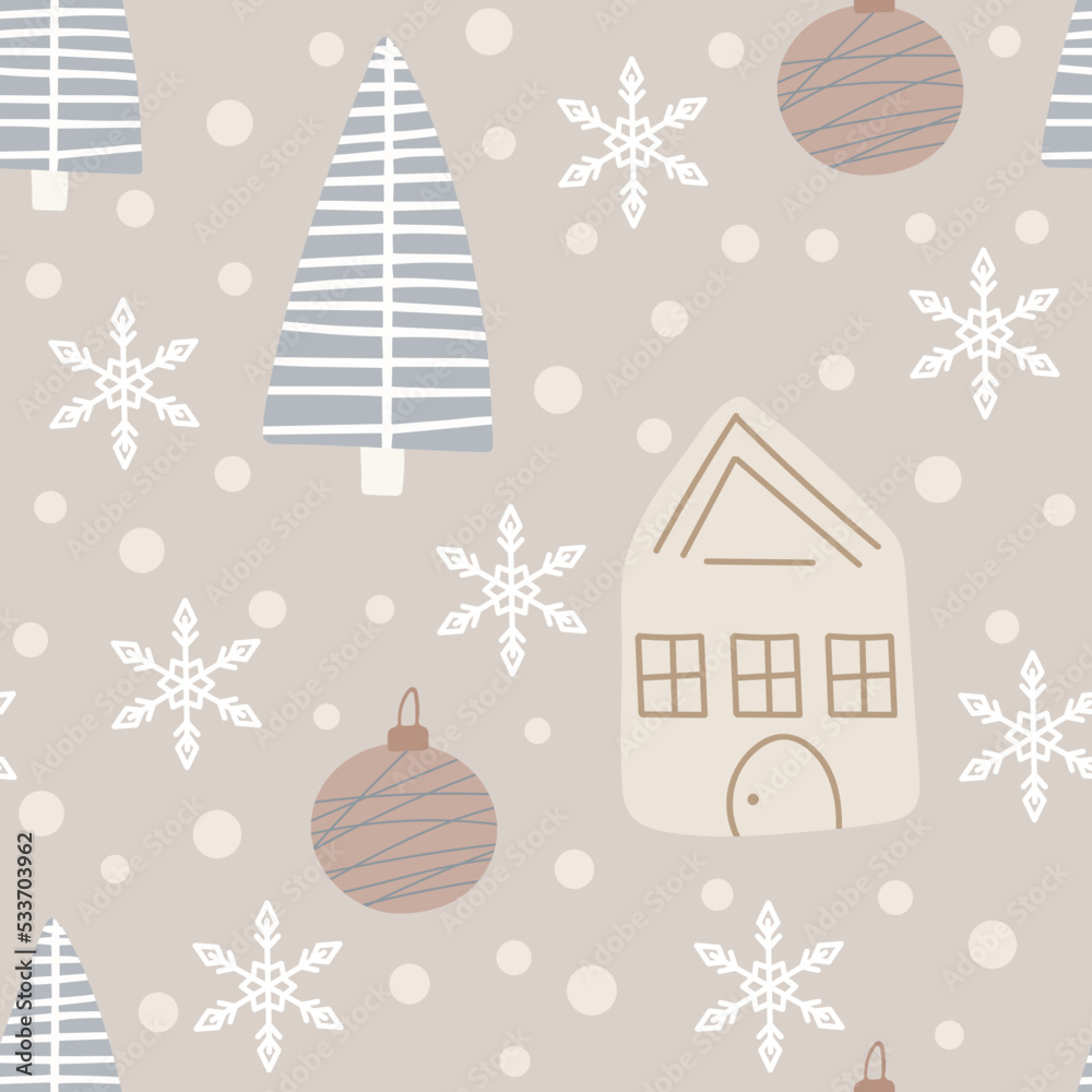 Christmas tree and snowflake seamless pattern. New Year Vector illustration in Scandinavian style
