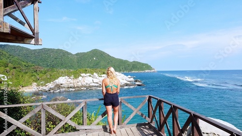 Wallpaper Mural Santa Marta Colombia , Tayrona Natural Park Caribbean sea Cabo San Juan  - Drone aerial view blond lady girl looking the amazing  sand beach and bay with  forest during the travel in South America Torontodigital.ca