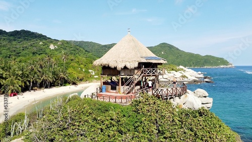 Santa Marta Colombia   Tayrona Natural Park Caribbean sea Cabo San Juan  - Drone aerial view of amazing  sand beach and  forest - Tourist attraction for relax and enjoy the paradise of the ocean sea 