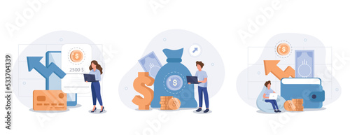 Financial illustration set. Characters saving money in cash, credit card or in savings bank accounts. Personal finance management and savings concept. Vector illustration.