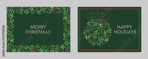 Set of holidays greeting cards with floral frames and Christmas ornament. Winter twigs patterns in green colors