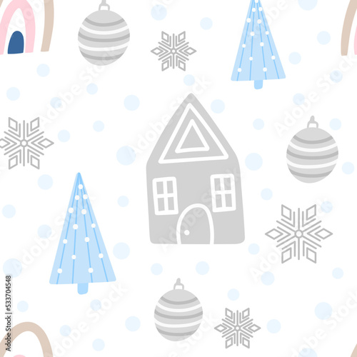 Christmas tree and snowflake seamless pattern. New Year Vector illustration in Scandinavian style